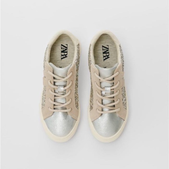 NWT. Zara Girls Silver/Tan Glitter Sneakers. Size 6. - Picture 3 of 10
